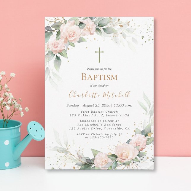 Plutôt Blush rose Floral Baptême Invitation (Créateur téléchargé)