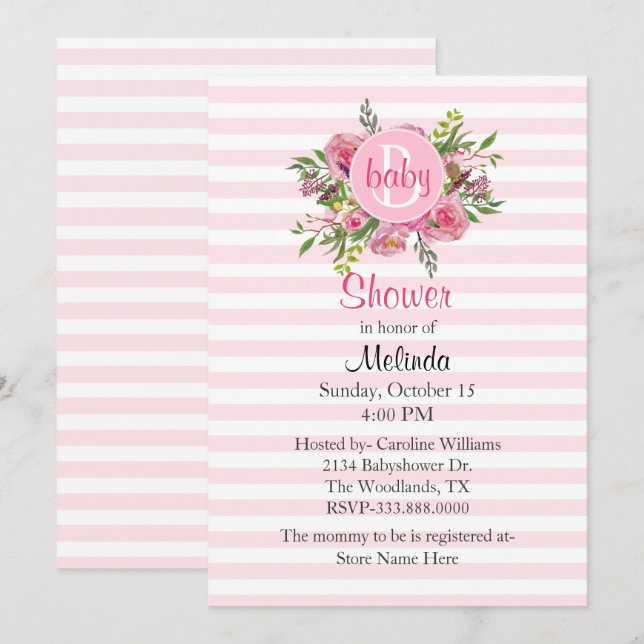 Plutôt rose Baby shower rayé Invitation (Devant / Derrière)