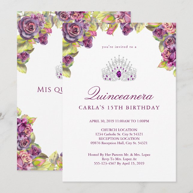 Plutôt violet, Rose Quinceanera Invitations (Devant / Derrière)