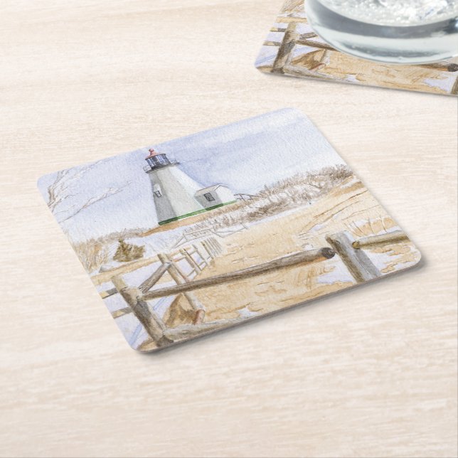 Plymought Lighthouse Watercolor Square Paper Coaster (Angled)