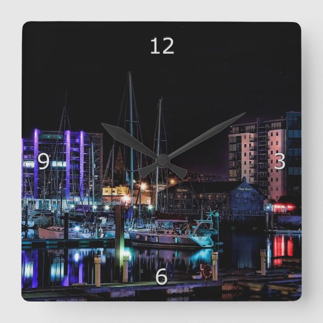 Plymouth Barbican by Night Square Wall Clock (Front)