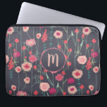 Plymouth Flowers Dark Boho Floral Custom Monogram Laptop Sleeve<br><div class="desc">Pretty boho loose pink wild flower painting on a dark grey background.
Change the monogram initial to customize.</div>