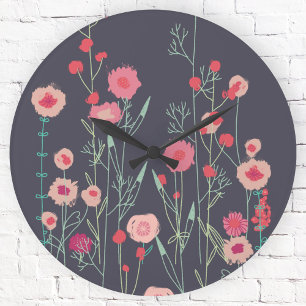 Plymouth Flowers Dark Boho Floral Painting Round Clock