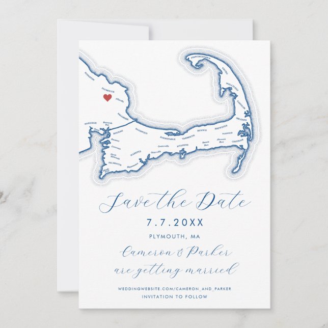 Plymouth MA Cape Cod Carte Marine Blue Mariage (Devant)