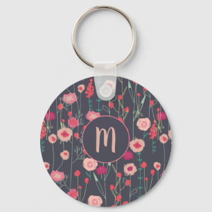 Plymouth Wild Flower Painting Dark Monogram Keychain