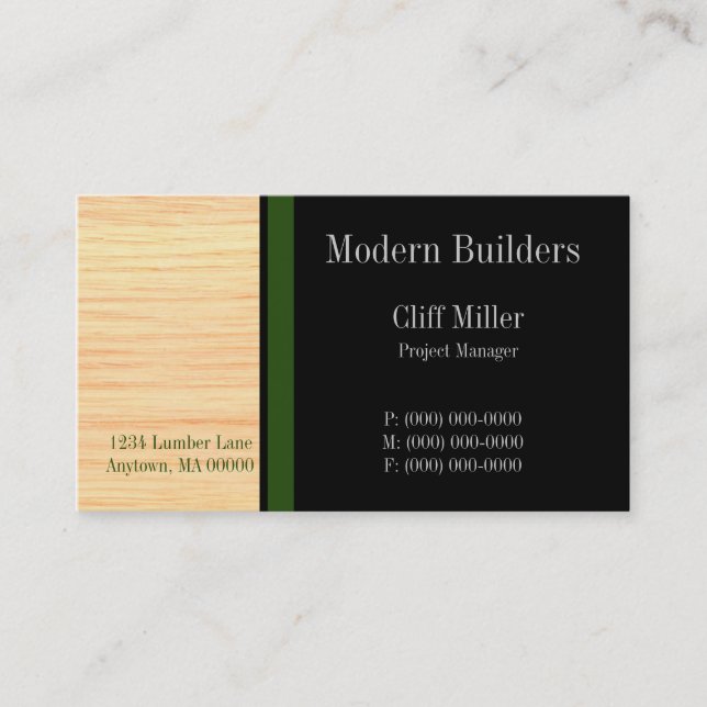 Plywood Construction Business Card, Forest Green Business Card (Front)