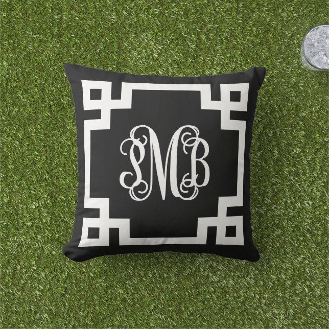 PMB Black and White Greek Key Script Monogram Outdoor Pillow (Grass)