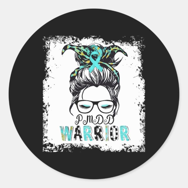 Pmdd Warrior Mom Ribbon Awareness Messy Bun Classic Round Sticker (Front)