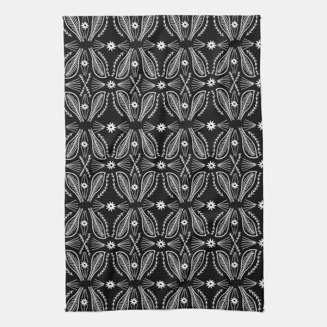 Poblanos Abstract Leaves Pattern Black Kitchen Towel (Vertical)