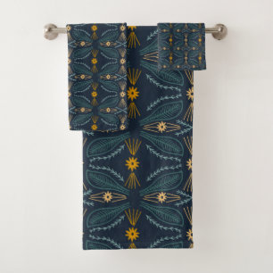 Poblanos Summer Leaves Abstract Pattern Navy Bath Towel Set