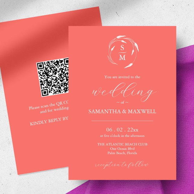 Poche Faire-part de mariage avec code QR (wedding invitation peach QR code monogram line art by Victoria Grigaliunas of Do Tell A Belle)