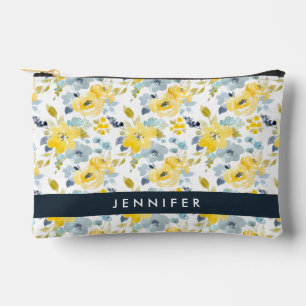 Pochette À Accessoires Ajoutez votre nom   Motif d'aquarelle jaune et ble