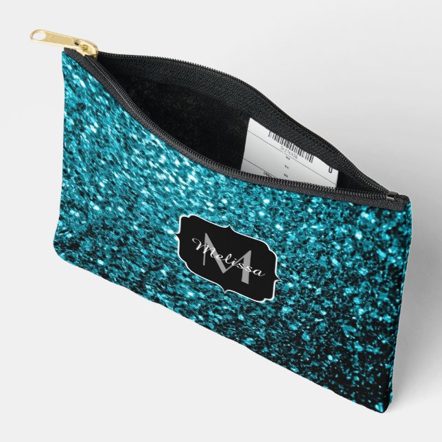 Pochette À Accessoires Aqua bleu faux parties scintillant scintille Monog (Ouvrir)
