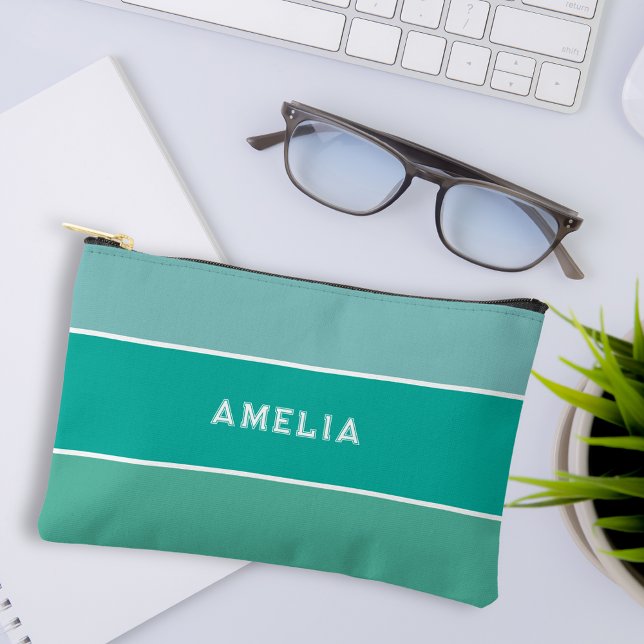 Pochette À Accessoires Aqua vert rayure varsity monogramme (Créateur téléchargé)