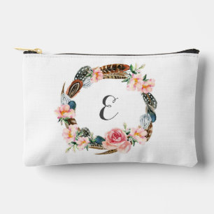 Pochette À Accessoires Aquarelle Florale Wreath avec plumes   Monogramme