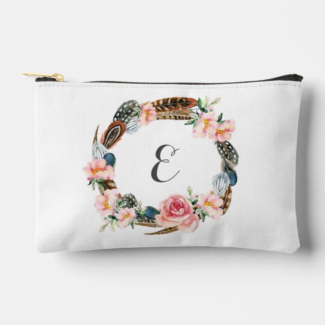 Pochette À Accessoires Aquarelle Florale Wreath avec plumes | Monogramme (Recto)