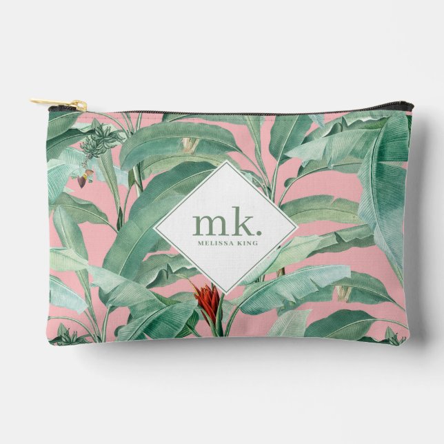 Pochette À Accessoires Aquarelle rose banane tropicale Feuilles Monogramm (Recto)