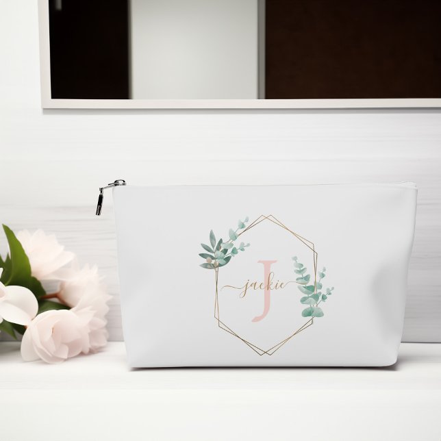 Pochette À Accessoires Aquarelle rose Eucalyptus cadre Monogramme (Créateur téléchargé)