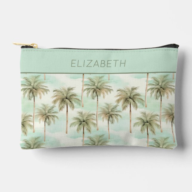 Pochette À Accessoires Aquarelle tropicale Palmiers Aqua et Tan (Recto)
