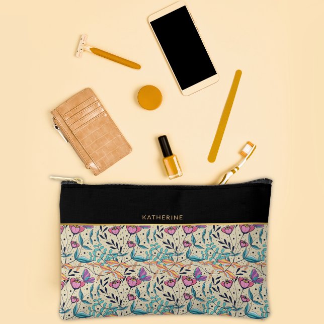 Pochette À Accessoires Beige Black Flowers Pattern Pretty Girly Trendy (Créateur téléchargé)
