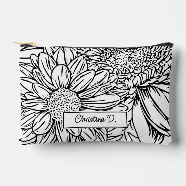 Pochette À Accessoires Black on White Chrysanthemums with Name (Recto)