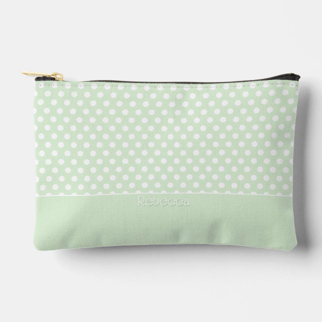 Pochette À Accessoires Blanc sur Jade Green Polka Motif avec nom (Recto)
