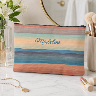 Pochette À Accessoires Bleu sarcelle Aqua pêche orange rayures aquarelle