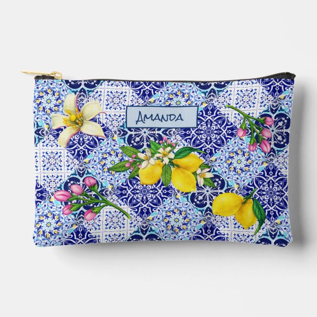 Pochette À Accessoires Bleu sicilien carreaux céramiques d'agrumes médite (Recto)