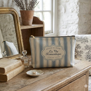 Pochette À Accessoires Bleu vintage et rayures crème, style campagne fran