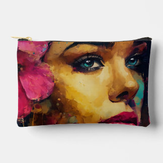 Pochette À Accessoires Bold Pink Hibiscus et femme Portrait Abstrait