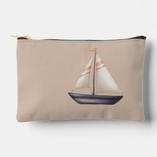 Pochette À Accessoires Brown Sailing Boat and Name on Beige
