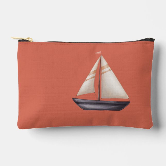 Pochette À Accessoires Brown Sailing Boat and Name on Red (Recto)