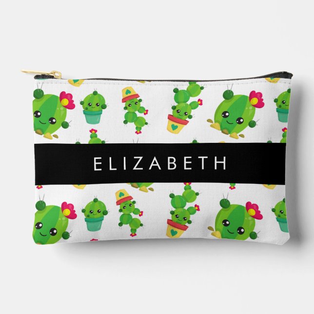 Pochette À Accessoires Cactus mignons, Cactus Motif, Succulent, Votre Nom (Recto)