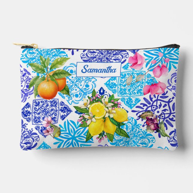 Pochette À Accessoires Carreaux d'azulejos méditerranéens fleuris d'agrum (Recto)