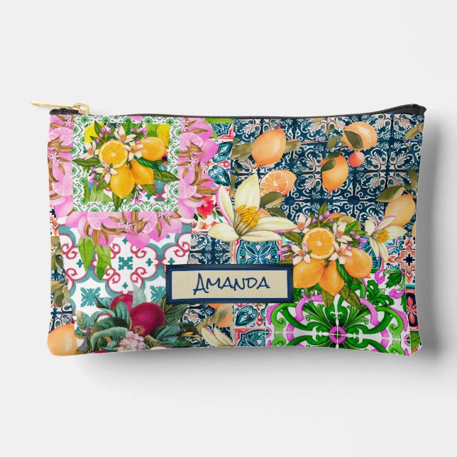 Pochette À Accessoires Carreaux floraux d'agrumes siciliens bleu chic (Recto)