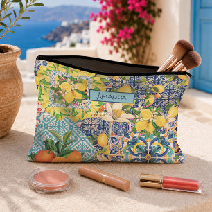 Pochette À Accessoires Carreaux floraux de citrouille siciliens turquoise