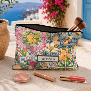Pochette À Accessoires Carreaux floraux de citrus siciliens bleus roses c