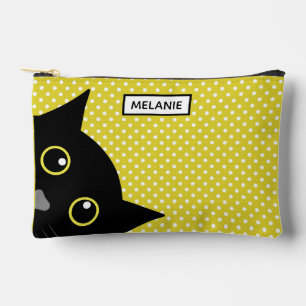 Pochette À Accessoires Chat noir curieux à pois jaunes Personnalisé