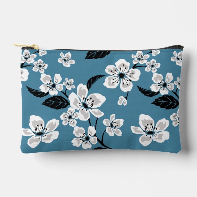 POCHETTE À ACCESSOIRES CHERRY BLOSSOM - MOTIF SAKURA EN BLEU FUMÉ (Recto)
