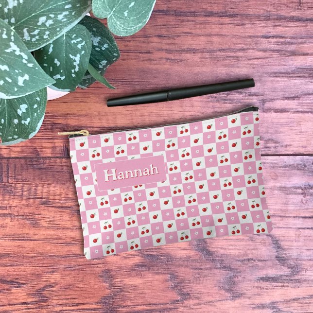 Pochette À Accessoires Cherry Pink And White Gingham Pattern Zipper Pouch (Cute zipper pouch with a pink and white Gingham pattern and a cherry theme . )