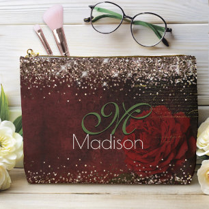 Pochette À Accessoires Chic fleur rouge faux or parties scintillant monog