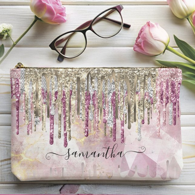 Pochette À Accessoires Chic rose or parties scintillant gouttes monogramm (Créateur téléchargé)