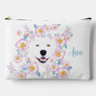 Pochette À Accessoires Chien Samoyed et fleurs roses, nom customisé