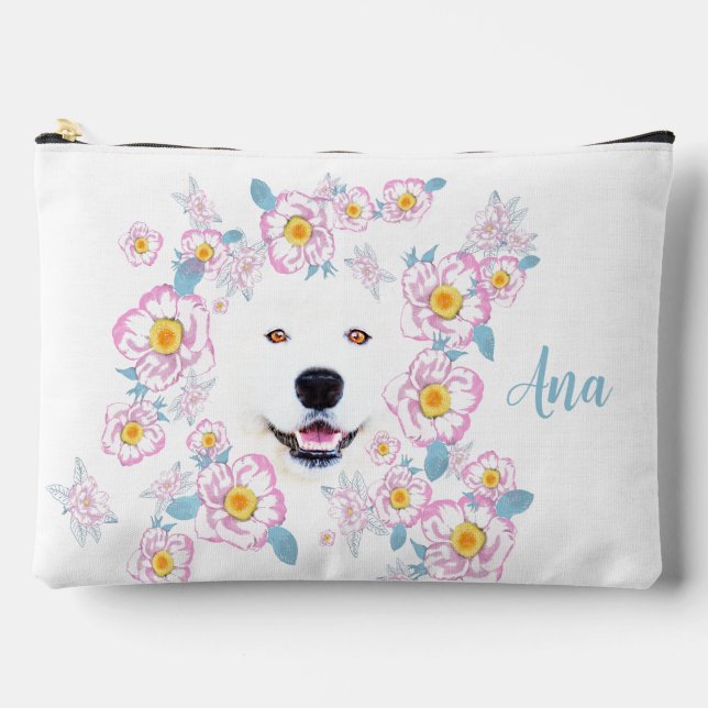 Pochette À Accessoires Chien Samoyed et fleurs roses, nom customisé (Recto)