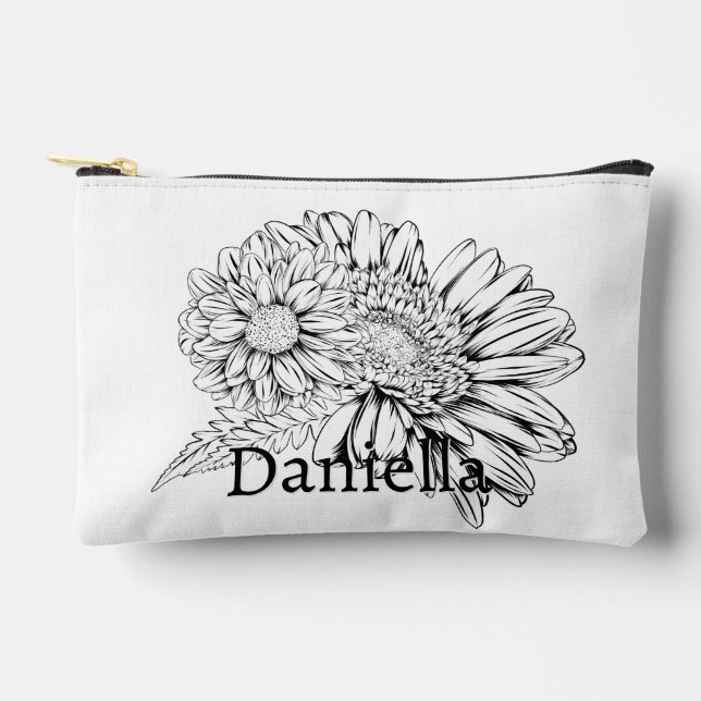 Pochette À Accessoires Chrysanthème Dessin à la Ligne Noire avec Votre No (Recto)