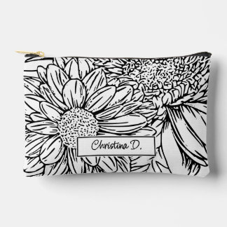 Pochette À Accessoires Chrysanthèmes noirs sur fond blanc avec nom