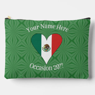 Pochette À Accessoires Cœur de drapeau mexicain Fond vert Texte personnel