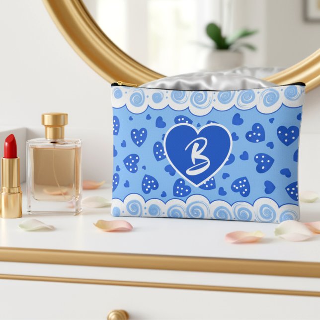 Pochette À Accessoires Coeurs Bleus Tendance Avec Points Et Fils (Shades of blue monogram makeup bag with white clouds and dark blue hearts. Pretty & feminine.)