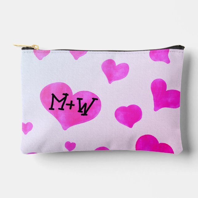 Pochette À Accessoires Coeurs d'aquarelle rose Personnalisé Nom de couple (Recto)