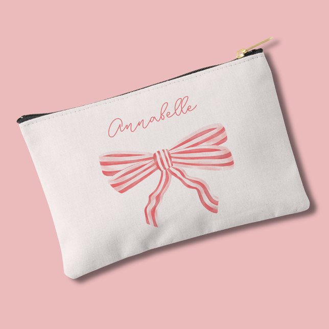 Pochette À Accessoires Coquette Bow rose esthétique avec nom (Coquette Pink bow pouch, personalize with your own name or choice of text.)